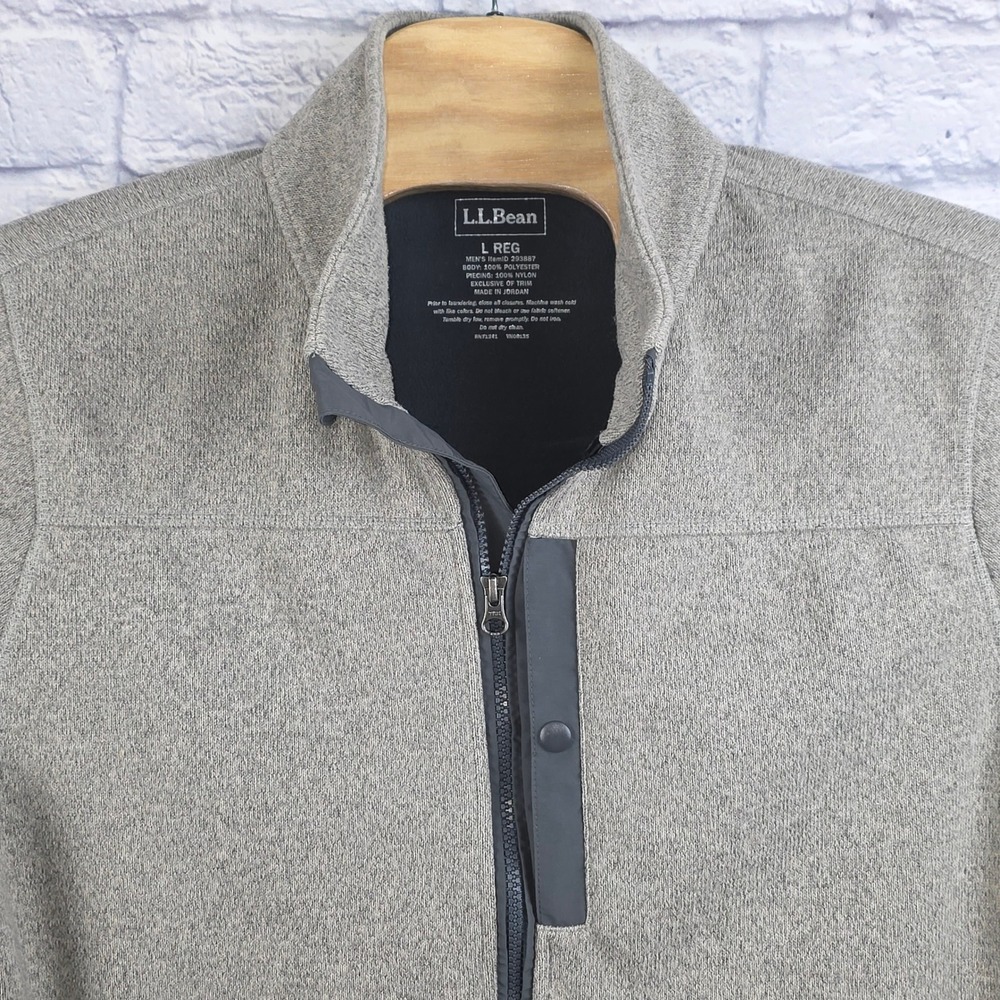 LL‎ Bean Mens Sweater Fleece Full Zip Jacket Gray Heather Snap Pocket Size Large